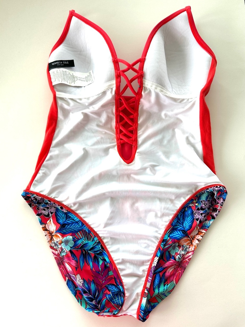 Kenneth Cole Pink & Blue Floral One-Piece Swimsuit with Lattice Front - Picture 9 of 12